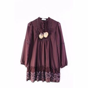 Fur Pom Pom Embroidered Lace Burgundy Dress